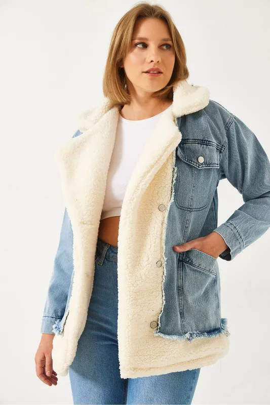 Faux Fur Shawl Collar Denim Jacket - Bianco Lucci