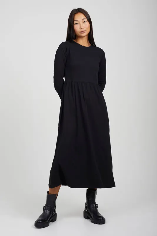 Cotton Long Sleeve Midi Smock Dress - Brave Soul