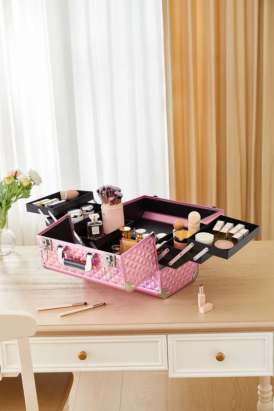 Pink Makeup Box Professional Cosmetic Organizer Aluminum Storage Box with 6 Trays - SHEONLY