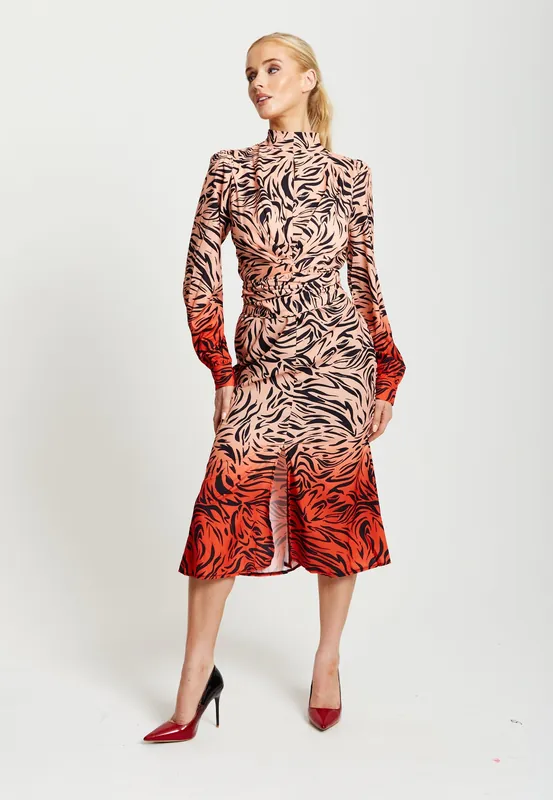 Zebra Print Midi Dress With High Neck And Draped Waist Detail In Orange And Nude - Liquorish
