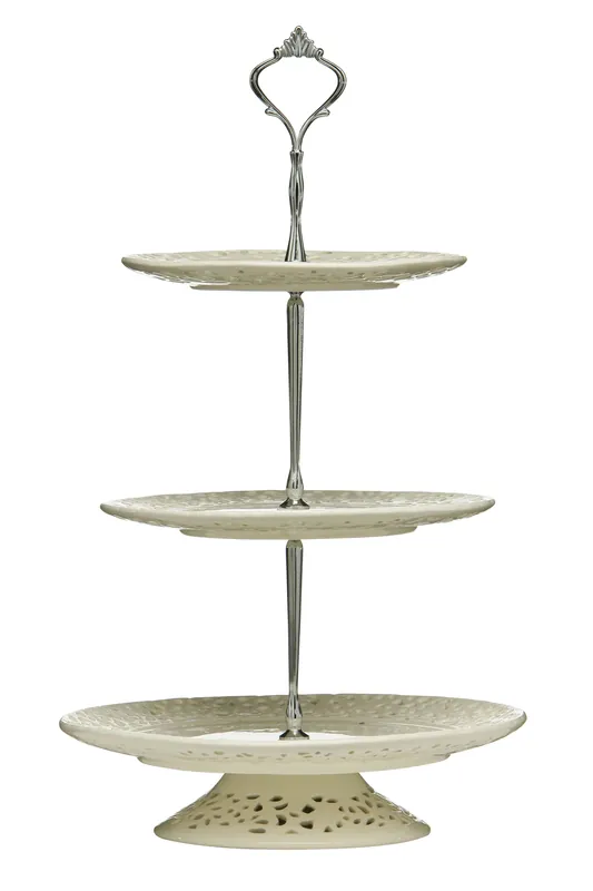 3 Tier Ceramic Cake Plate With Lace Detailing, Cream Cake Dish For Serving Treats, Porcelain Cake Stand - Orsina