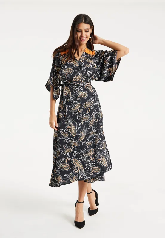 Floral Print Maxi Wrap Dress With Orange Lace Details - Liquorish