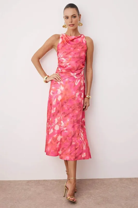 Sleeveless Cowl Neck Printed Satin Midi Dress - WOVCOR