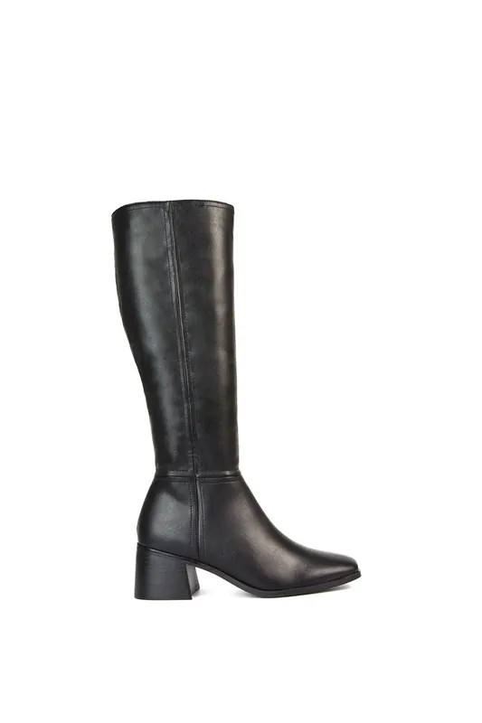 Ruby' Square Toe Zip Up Knee High Calf Boots With Low Heel - XY London