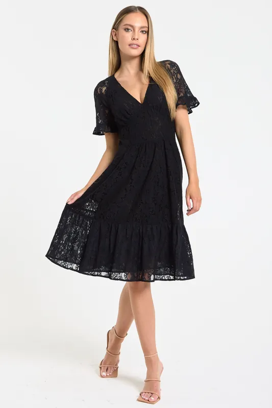 Black Lace V Neck Midi Dress - Liquorish