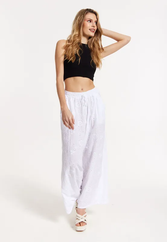 White Embroidered Wide Leg Trousers - Liquorish