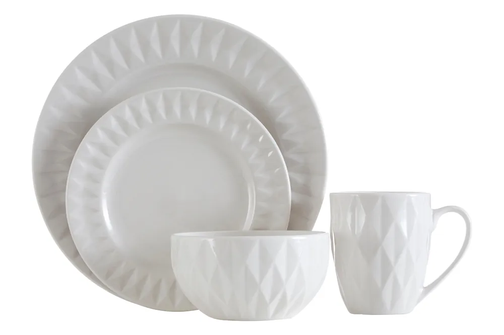 16Pc Embossed White Porcelain Dinner Set, 16Pc Dinner Set, Embossed Dinner Set, White Ceramic Dinner Set - Orsina