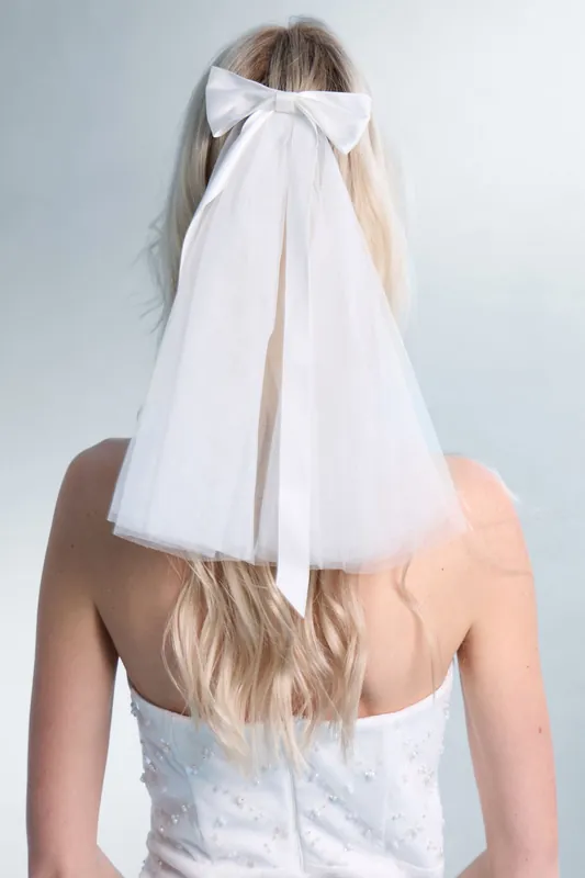 White Mesh Clip on Veil With Bow Detail White - Public Desire