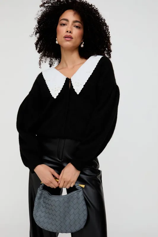 Suzzanna Embroidered Collar Cardigan In Black - Lily and Lionel