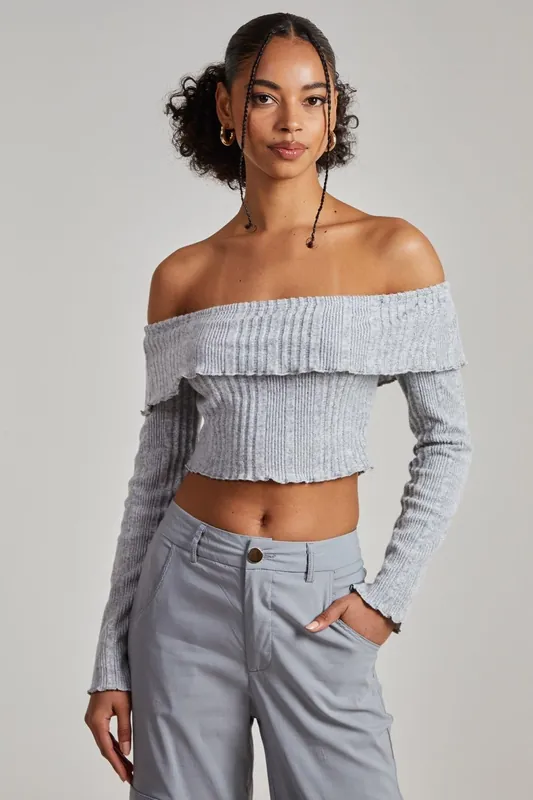 Wide Brushed Ribbed Bardot Top - Pink Vanilla