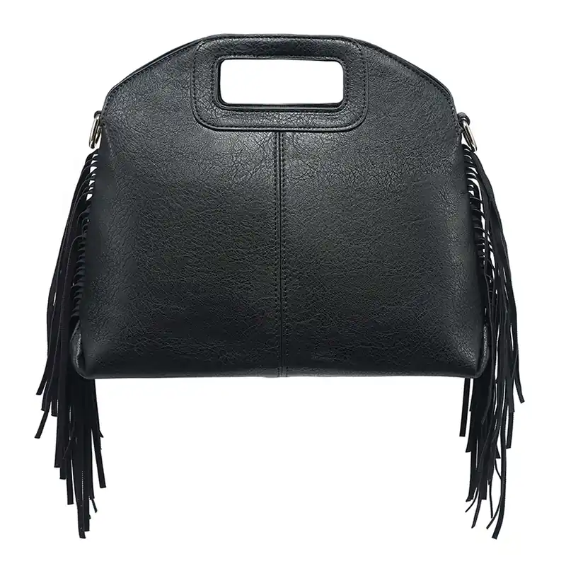 Cutout Handle Side Frindge Faux Leather Tote Shoulder Handbag - Kitise