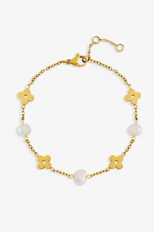 Gold Plated Waterproof Pearl and Floral Station Bracelet - Jon Richard