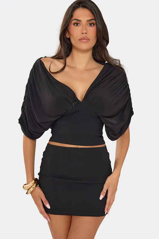 Short Sleeve Plunging Neckline Ruched Top - EGO