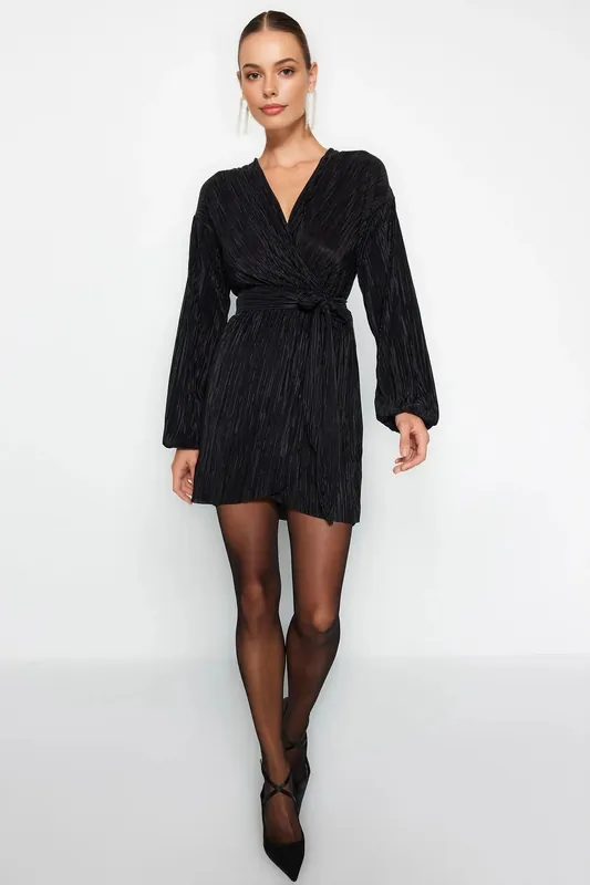 Pleated Wrap Mini Knit Dress with Belt Detail - WOVCOR