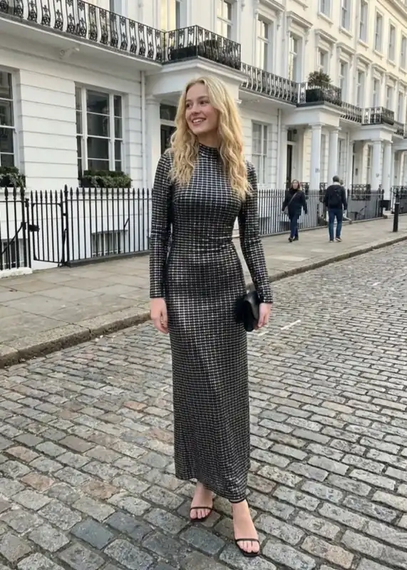 Silver Stripped Nylon Metallic Sequin Long Sleeve Bodycon Maxi Dress - AVINCI