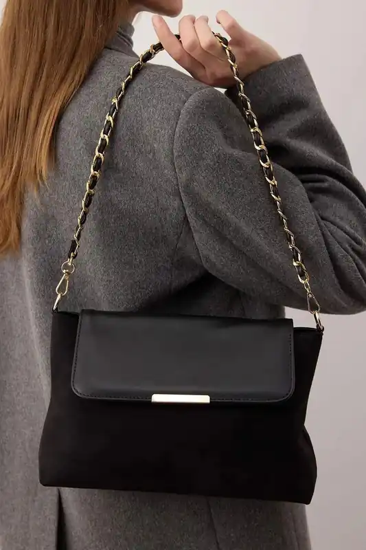 Women's Faux Suede Flap Clutch Bag with Woven Chain Strap - WOVCOR