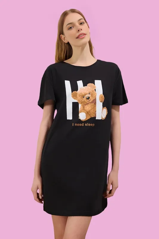 Teddy Bear Slogan Print Cotton Short Sleeve Nightdress - WOVCOR