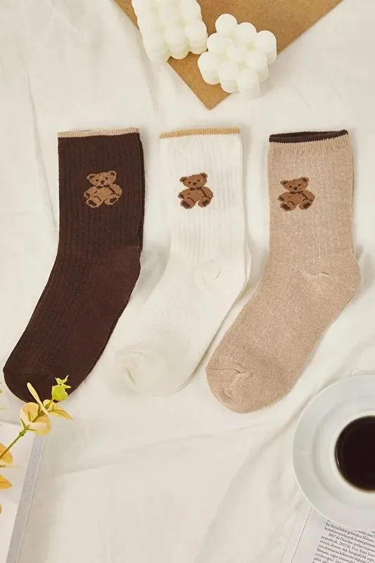 3 Pack Teddy Bear Jacquard Cotton Knit Socks - WOVCOR