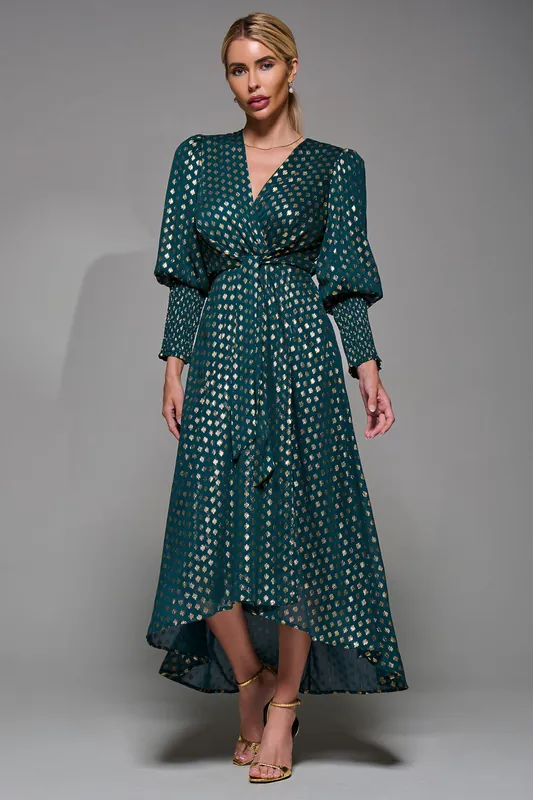 Puff Sleeve Metalic Spot Print Dip Hem Midi Dress - Jolie Moi