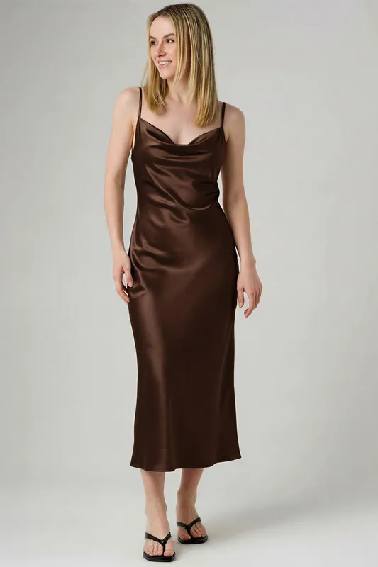 Cowl Neck Midi Satin-Style Dress