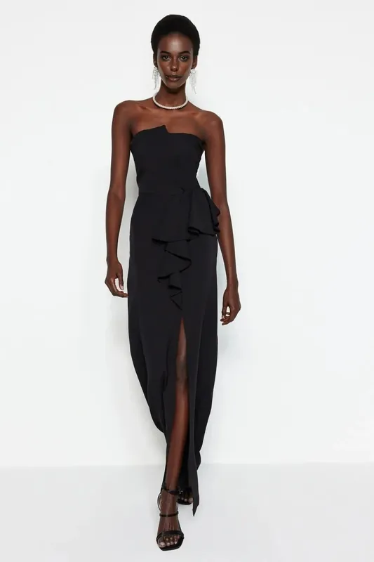 Strapless Maxi Evening Dress with Ruffle Detail and Front Split - WOVCOR