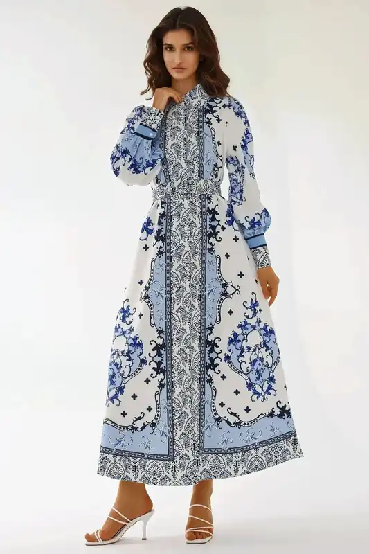 Printed Long Sleeve Maxi Dress with Belt - Hiccup