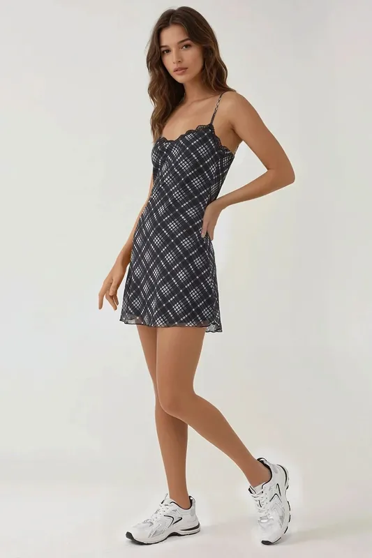 Printed Skater Mini Dress with Lace Detail - Hiccup