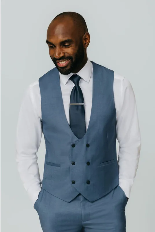 Blue Sharkskin Double Breasted Waistcoat - Dobell