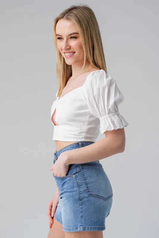 Short Puff Sleeve Bow Detail Cropped Top - Influence