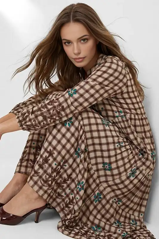 Checked Floral Print Long Sleeve Maxi Shirt Dress with Relaxed Fit - WOVCOR