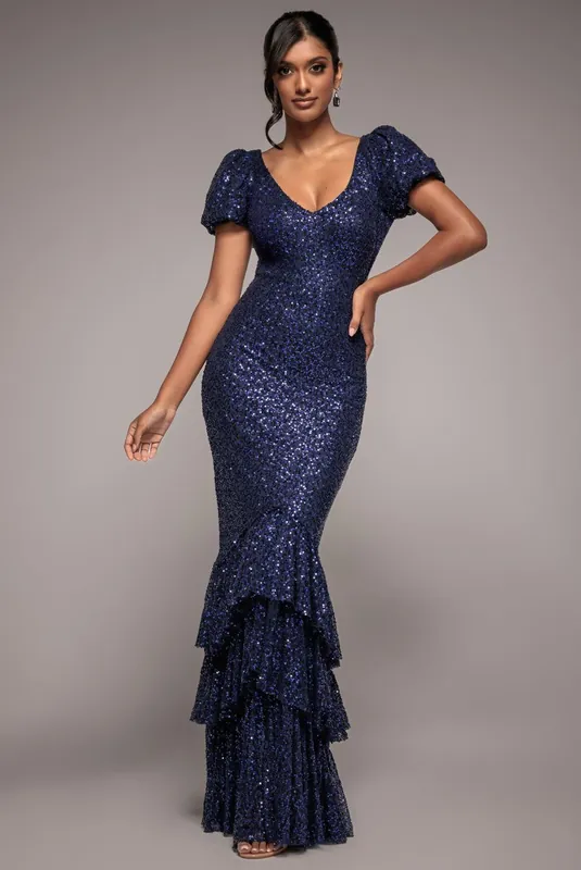 Puff Sleeve Tiered Hem Maxi Dress - Goddiva