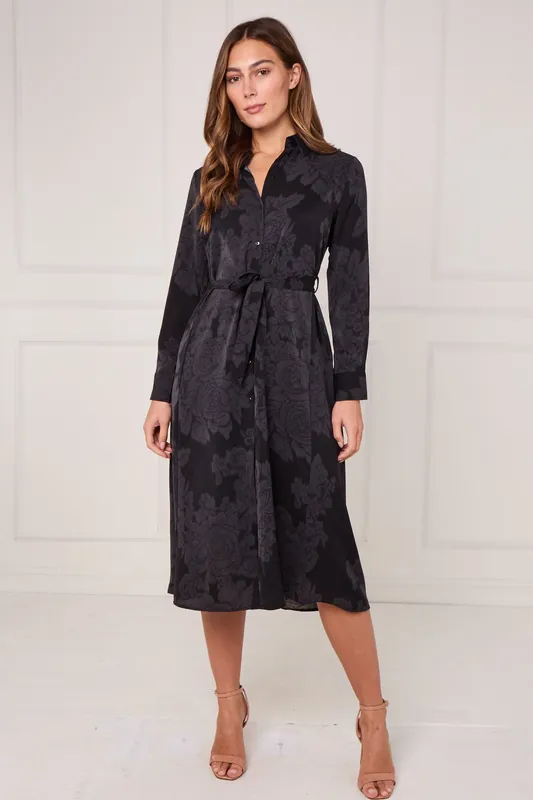 Black Tonal Floral Print Midi Shirt Dress - Love Sunshine