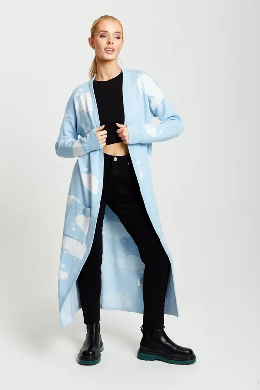 Cloud Pattern Longline Cardigan In Light Blue - Liquorish