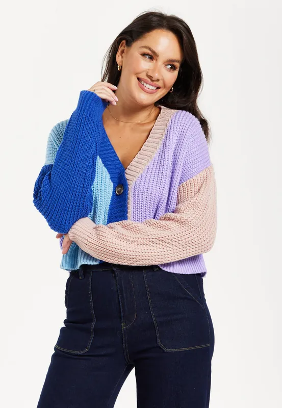 Midi Houndstooth Pattern Cardigan In Blue & Cream - Liquorish