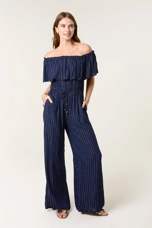 Navy Bardot Tie Waist Jumpsuit - Blue Vanilla