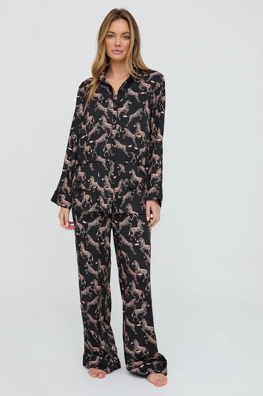 Evie Long Sleeve Curious Zebra Print Pyjama Set In Black - Lily and Lionel