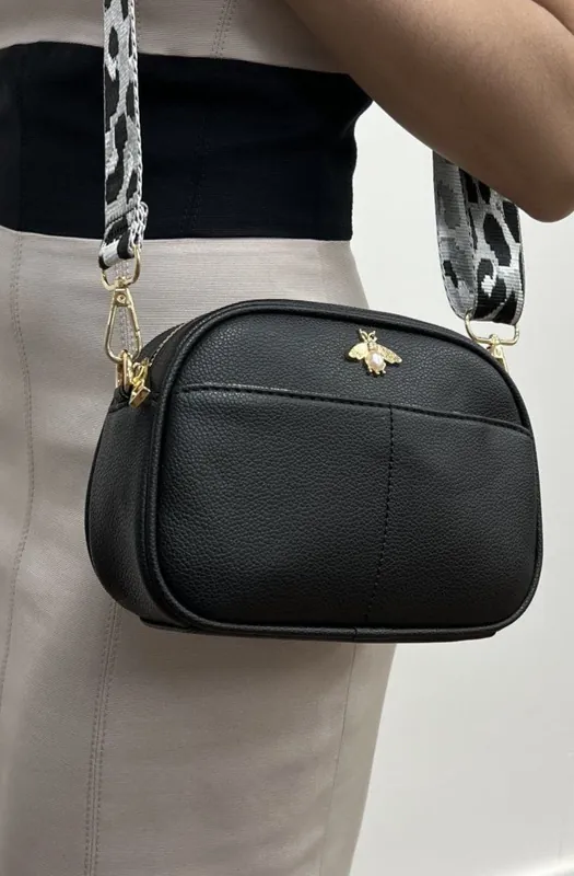 Bee Embellished Rounded Crossbody Bag in Black - SVNX