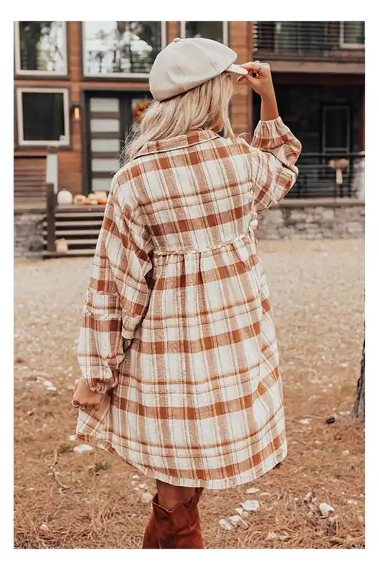 Brown Plaid Print Side Pockets Frilled Babydoll Mini Dress - Everyday The Label