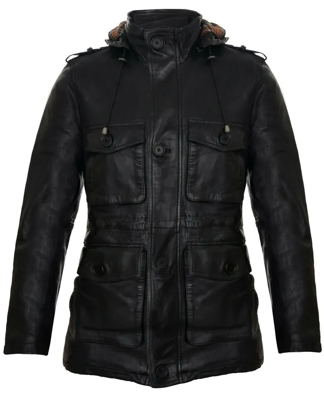 Hooded Trench Multi-Pocket Overcoat Leather Jacket
