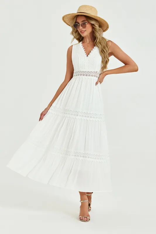Lace Trim V-Neck Tiered Sleeveless Midi Dress