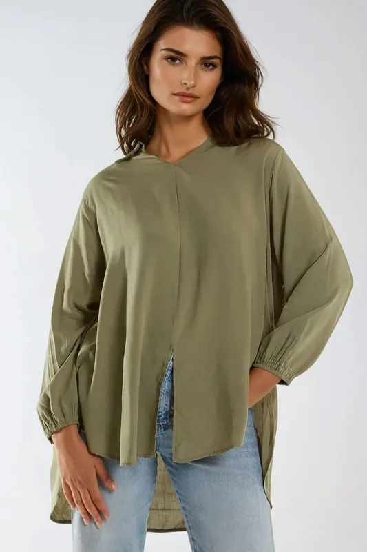 Khaki Open Collar Blouse - Aftershock London