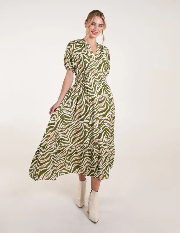 Shirred Waist Button Front Puff Sleeve Midi Dress - Blue Vanilla