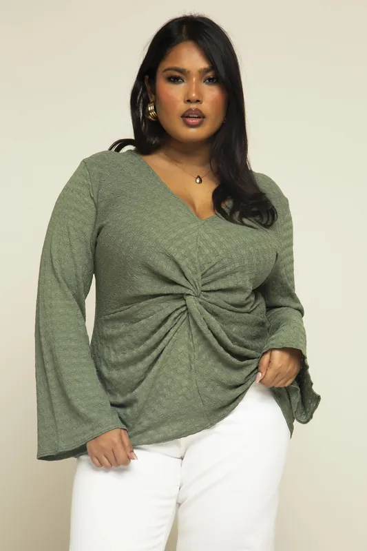 Curve Khaki Textured Twist Front Flare Sleeve Top - FASHION-SZN