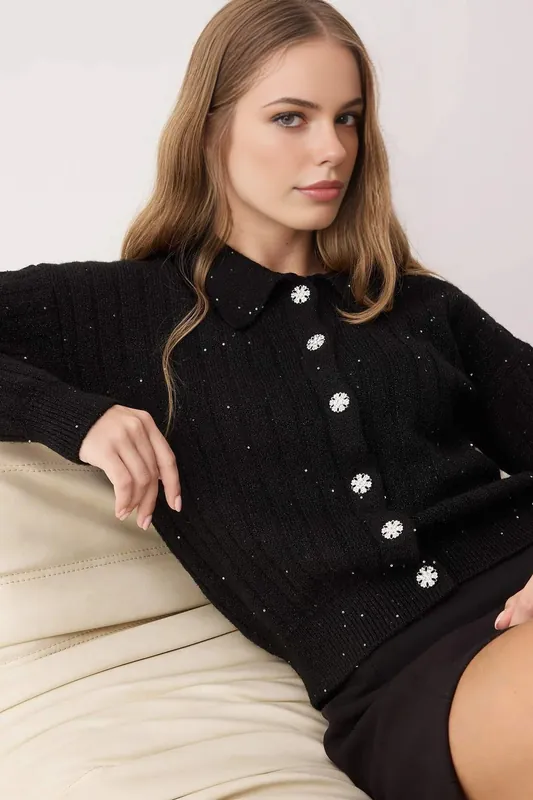 Sequined Knit Cardigan With Button Detail - WOVCOR