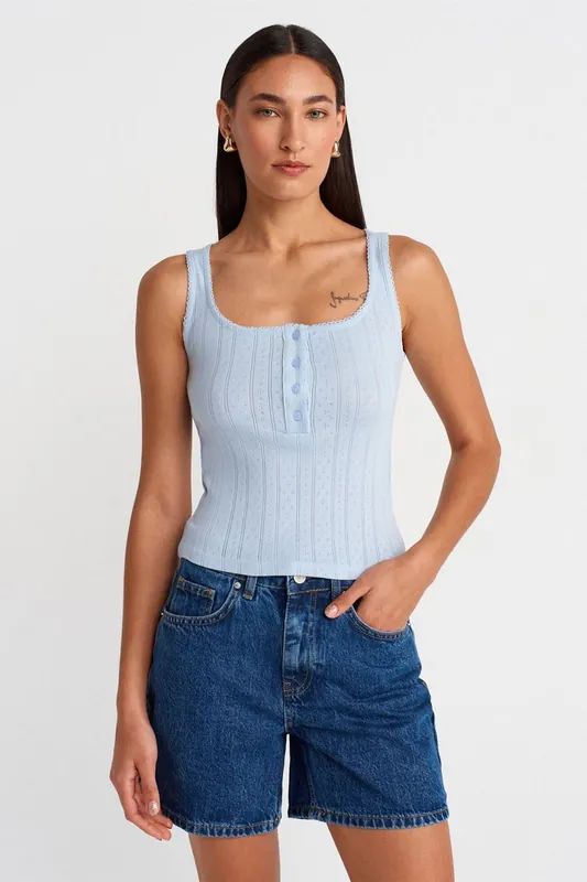 Slim Fit Ribbed Cotton Square-Neck Blouse
