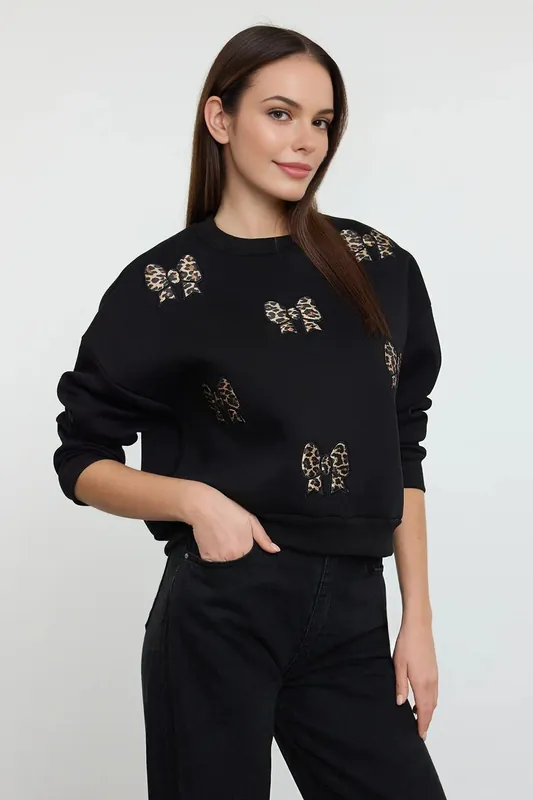 Leopard Bow Embroidered Fleece Sweatshirt - WOVCOR