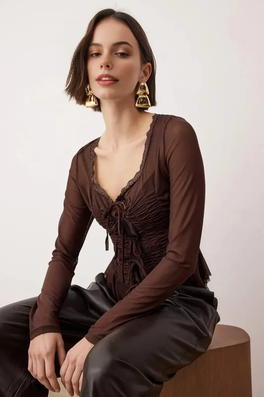 Sheer Mesh Ruched Lace Detail Blouse - WOVCOR