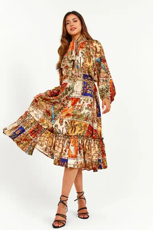 Oriental Print Ruffle Midi Dress - LuvForever Fashion
