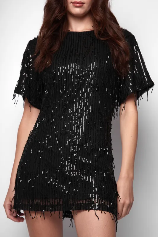 Kimber Black Tassel Sequin Tunic Mini Dress - Jaded Rose