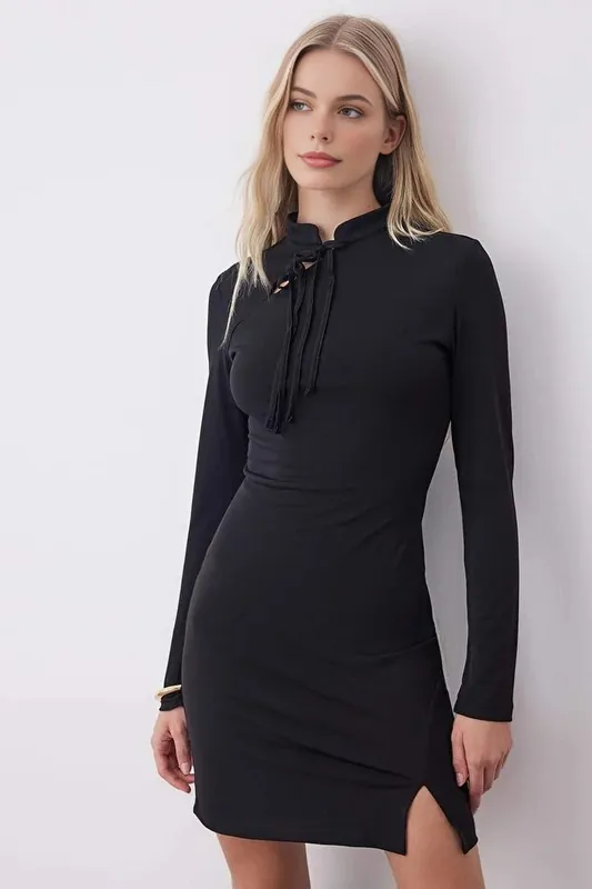 High Neck Long Sleeve Tie Detail Mini Knit Dress - WOVCOR